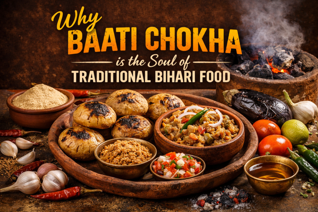 Traditional Bihari Food with smoky Baati Chokha served in rustic village style presentation