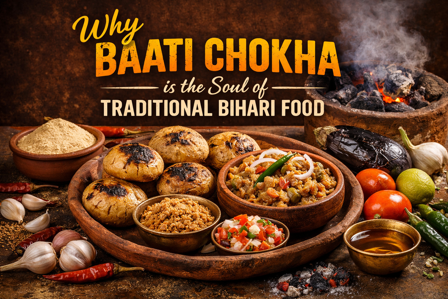 Traditional Bihari Food with smoky Baati Chokha served in rustic village style presentation