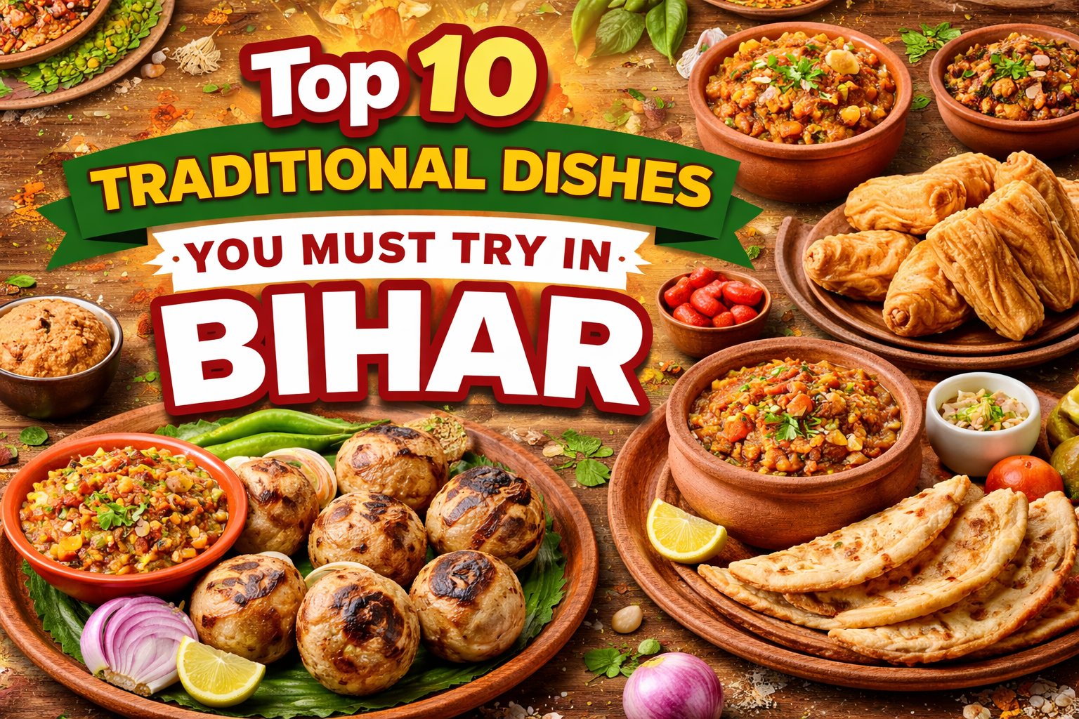 Traditional Food of Bihar with famous Bihari dishes like Litti Chokha, Sattu Paratha, Khaja, and Champaran Mutton