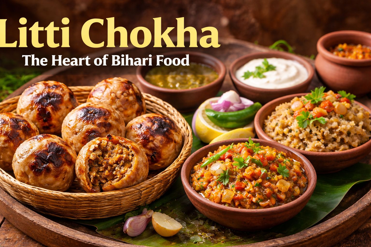 Litti Chokha Bihar traditional food served with chokha, chutney, and desi ghee in authentic Bihari style
