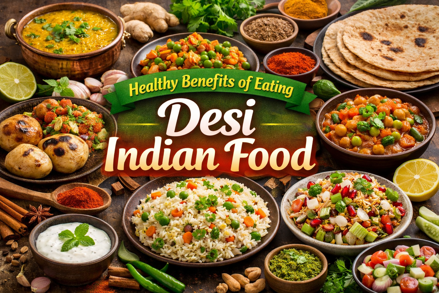 Healthy Indian Food with traditional desi meals, spices, dal, roti, rice, vegetables, and nutritious Indian dishes displayed together.