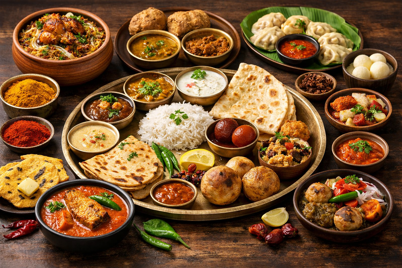 Traditional food of Indian states with Indian thali and regional dishes from across India