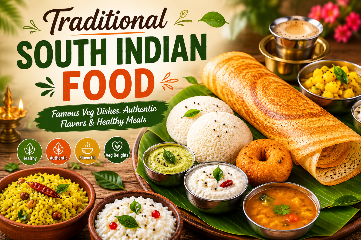 Traditional South Indian food served with dosa, idli, sambar, chutney, and authentic vegetarian dishes on a banana leaf table setup
