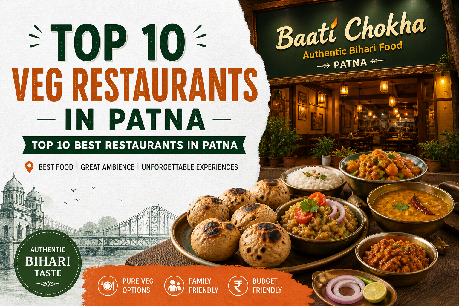 Top 10 veg restaurants in Patna featuring Baati Chokha with authentic Bihari food, family dining, and best vegetarian places in Patna