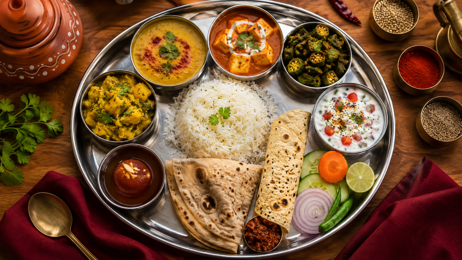 Traditional Indian vegetarian thali featuring dal, paneer curry, mixed vegetables, rice, roti, papad, pickle, salad, and dessert served on a metal platter.