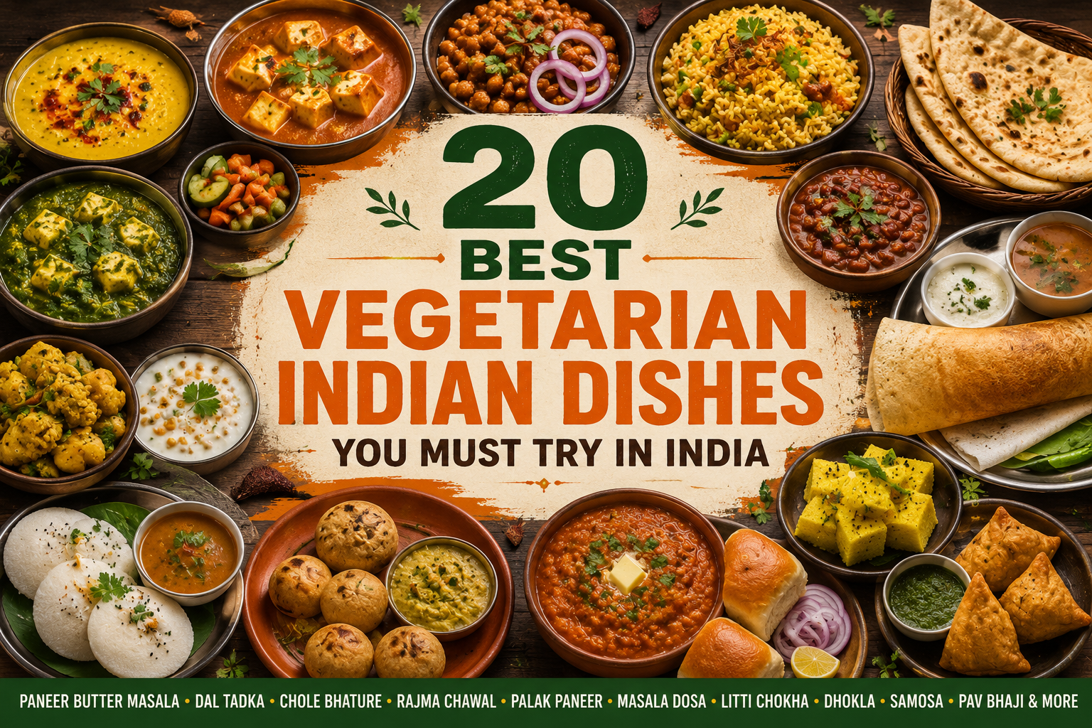 Top 20 vegetarian Indian dishes including Paneer Butter Masala, Dal Tadka, Chole Bhature, Rajma Chawal, Masala Dosa, Litti Chokha, Dhokla, Samosa, and Pav Bhaji arranged in a colorful food collage.
