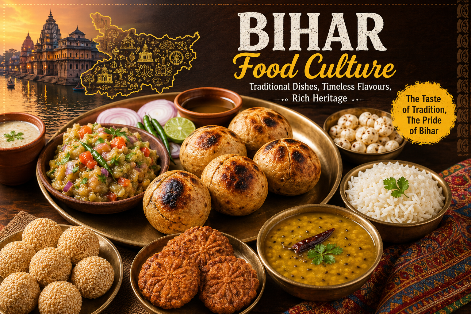 Bihar Food Culture featuring traditional Bihari dishes like Litti Chokha, Sattu, Dal, Rice, Thekua, Tilkut, and authentic regional cuisine
