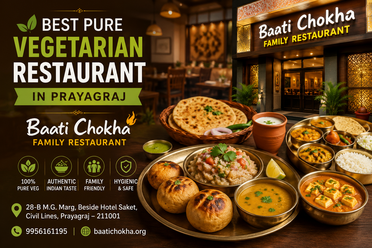 Authentic pure vegetarian food at Baati Chokha Family Restaurant in Prayagraj featuring traditional Baati Chokha, Veg Thali, Dal, Paneer dishes, and a family-friendly dining ambiance.