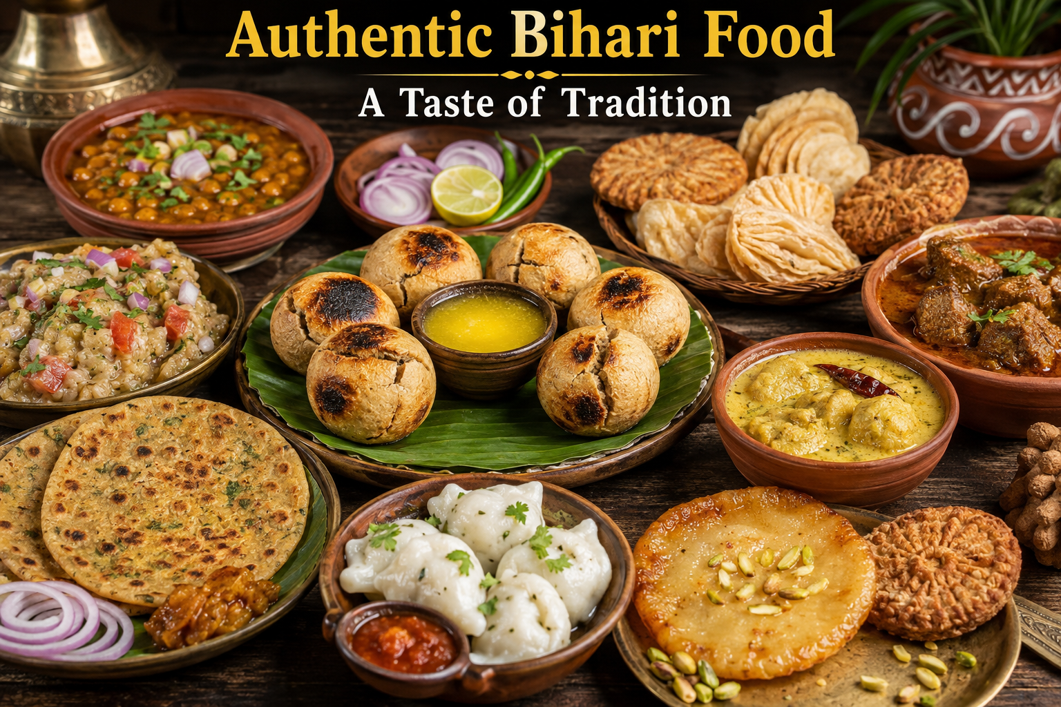 Authentic Bihari food in Patna with traditional dishes served on a rustic table