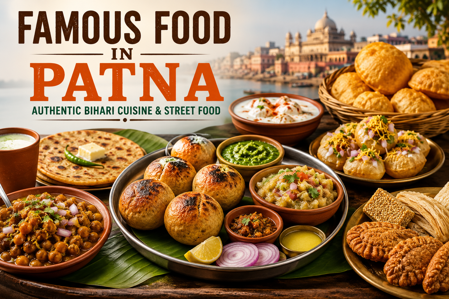Famous food in Patna featuring authentic Bihari cuisine including Litti Chokha, Sattu Paratha, Ghugni, Khaja, and traditional vegetarian dishes at Baati Chokha Family Restaurant