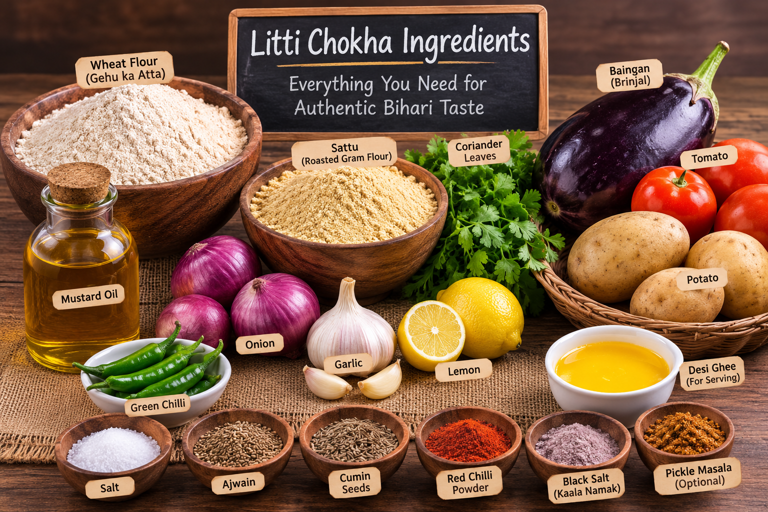 Litti Chokha ingredients for authentic Bihari taste with sattu, spices, mustard oil and roasted vegetables
