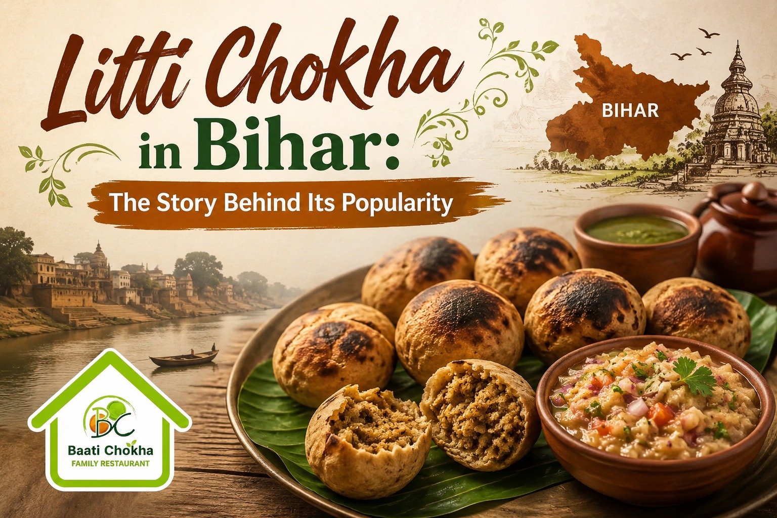 Litti Chokha in Bihar with traditional roasted litti and fresh vegetable chokha
